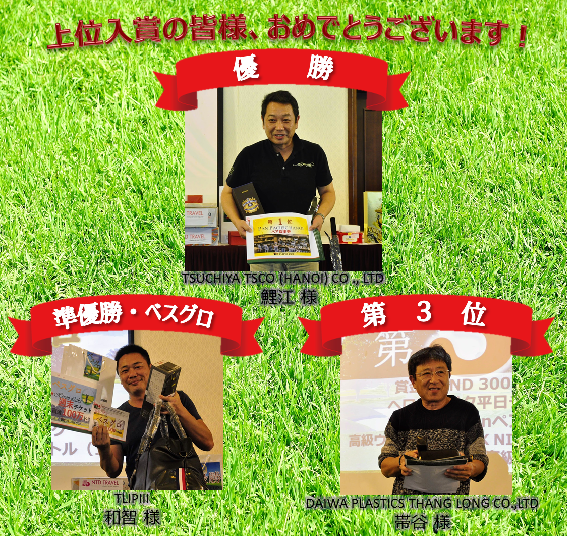 優勝:TSUCHIYA TSCO (HANOI) CO ., LTD 鯉江 様/準優勝、ベスグロ:TLIPIII和智様/第3位:DAIWA PLASTICS THANG LONG CO.,LTD 帯谷 様